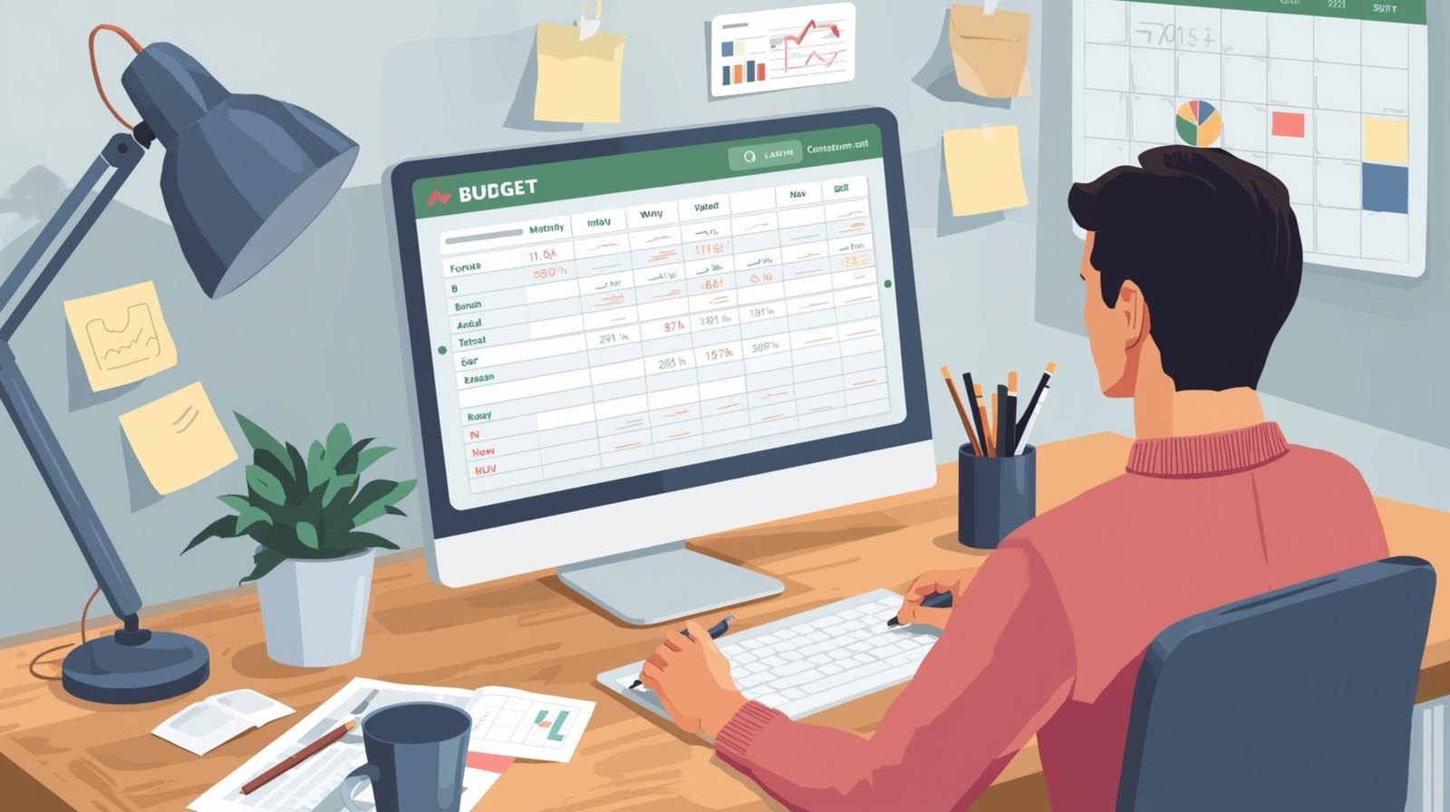 Illustration d’une personne remplissant un tableau de budget mensuel sur un ordinateur avec des notes et un calendrier, style réaliste et moderne. Alt text : créer un budget mensuel efficace – organisation financière financière